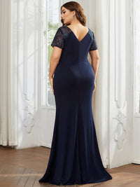 Deep V-Neck Sequin Short Sleeve High Side Front Slit Mother of the Bride Dress