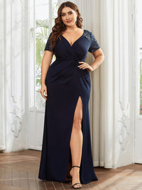 Deep V-Neck Sequin Short Sleeve High Side Front Slit Mother of the Bride Dress