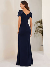 Deep V-Neck Sequin Short Sleeve High Side Front Slit Mother of the Bride Dress