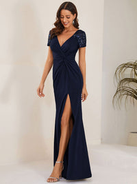 Deep V-Neck Sequin Short Sleeve High Side Front Slit Mother of the Bride Dress