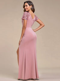 Deep V-Neck Sequin Short Sleeve High Side Front Slit Mother of the Bride Dress