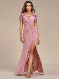 Deep V-Neck Sequin Short Sleeve High Side Front Slit Mother of the Bride Dress