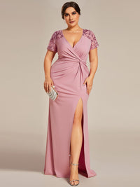 Deep V-Neck Sequin Short Sleeve High Side Front Slit Mother of the Bride Dress