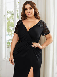 Deep V-Neck Sequin Short Sleeve High Side Front Slit Mother of the Bride Dress