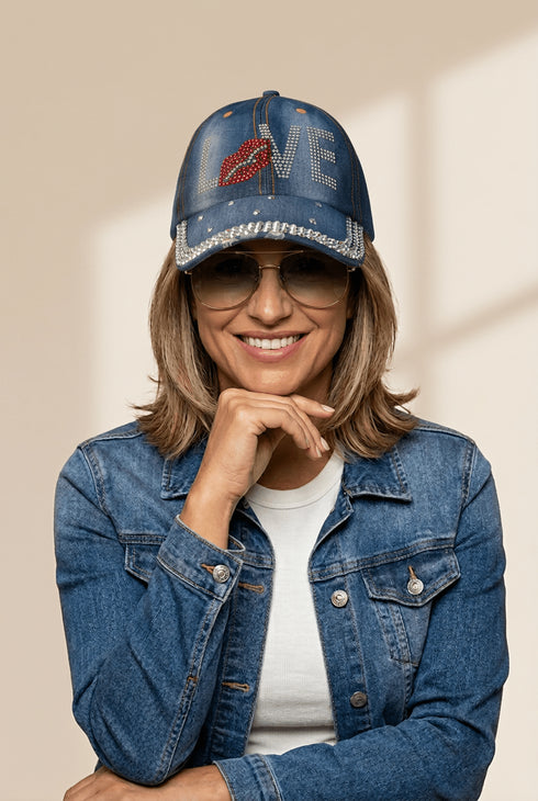 Women's Denim Rhinestone LOVE Baseball Cap with Crystal Brim