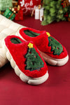 Cozy Fiery Red Plush Slippers for Women with Thick Sole - Festive Christmas Tree Design for Ultimate Comfort