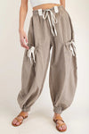 Women's Casual Brown Stripe Cargo Jogger Pants with Drawstring, Pockets, and Relaxed Fit for Everyday Comfort