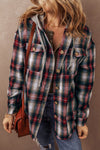 Women's Casual Red Plaid Hooded Shacket with Chest Pocket - Trendy Layering Jacket for Fall Fashion