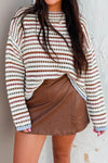 Cozy Women's Brown Striped Knit Sweater with Drop Shoulders - Effortless Casual Style for Everyday Comfort