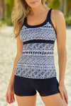 Chic Monochrome Print Strappy Back Tankini Swimsuit