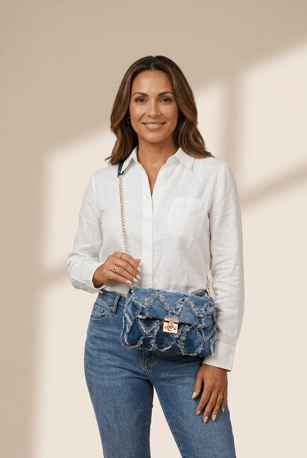 Distressed Denim Lattice Chain Shoulder Bag
