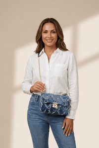 Distressed Denim Lattice Shoulder Bag with Gold Chain with practical styling and dependable silhouette control.