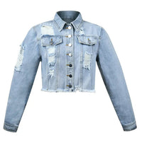 Distressed Light Wash Blue Denim Coat with Ripped Hem, Women's Jeans Collection