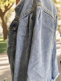 Distressed Light Wash Blue Denim Coat with Ripped Hem, Women's Jeans Collection