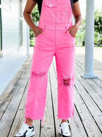 Distressed Pink Denim Overall with Wide Leg