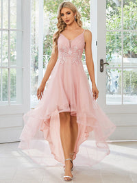 Dramatic High-Low Appliques Mesh Prom Gowns