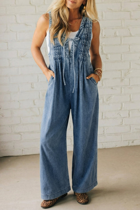 Dusk Blue Acid Wash Wide Leg Jumpsuit with Pintuck Detail and V-Neck for Women - Trendy and Comfortable Outfit