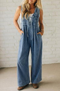 Dusk Blue Acid Wash Wide Leg Jumpsuit with Pintuck Detail and V-Neck for Women - Trendy and Comfortable Outfit