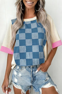 
Women's Dusk Blue Checkered Denim Short Sleeve Top for Women - Relaxed Fit Patchwork Style for Effortless Everyday Chic