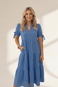 Women's Dusk Blue Gingham Textured Tiered Midi Dress