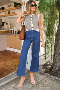 Dusk Blue Solid Color High Waist Straight Leg Jeans