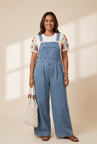 Women's Dusk Blue Pleated Wide-Leg Denim Jumpsuit Overalls
