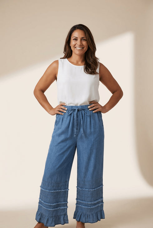 women's dusk blue ruffled hem wide leg chambray pants for women – stylish, comfortable casual wear for effortless outings made for easy styling and