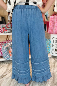Dusk Blue Ruffled Hem Wide Leg Chambray Pants