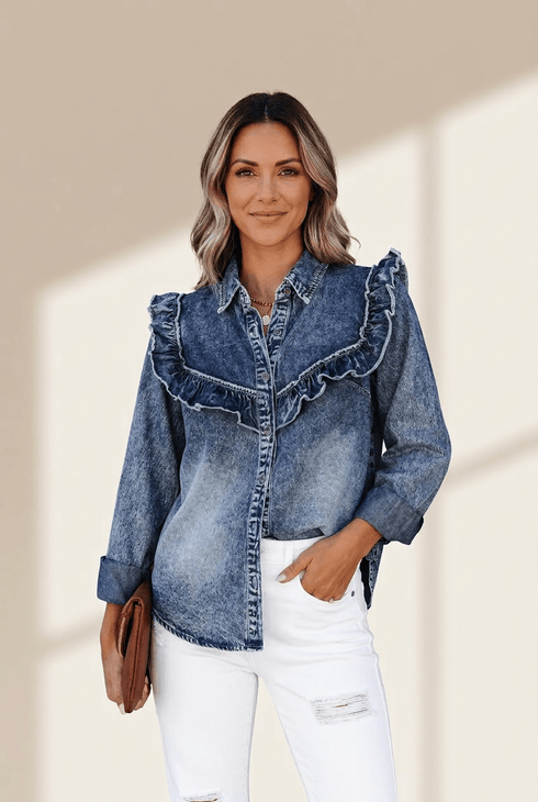 Women's Dusk Blue Ruffled Vintage Wash Denim Shirt