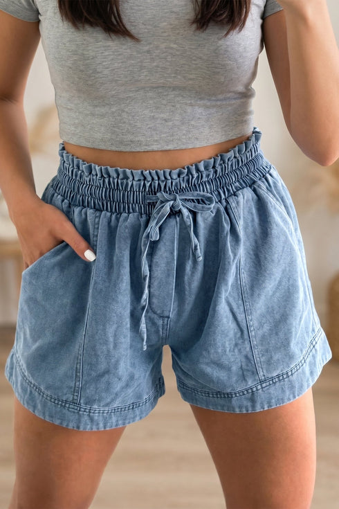 Dusk Blue Women's Casual Smocked Denim Shorts with Elastic Waist for a Trendy Summer Outfit