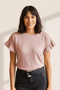 Women's Dusty Pink Ribbed Ruffle-Sleeve Knit Top
