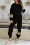 Women's Black Striped Activewear Set: Cozy Drop Shoulder Pullover & Jogger Pants for Casual Style and Comfort