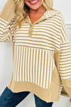 Trendy Women's Yellow Striped Hooded V-Neck Top with Textured Fabric & Contrast Ribbed Details for Casual Outfits