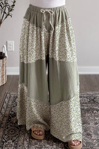 women's sage green floral patchwork wide-leg pants with raw edges made for easy styling and wardrobe coordination, with premium-like structure and