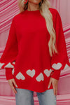 Cozy Women's Fiery Red Lantern Sleeve Tunic Sweater with Heart Pattern – Stylish Comfort for Every Occasion