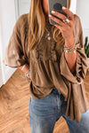 Elegant Women's Dark Khaki Silky Lace Frill Blouse - Long Sleeve Round Neck Top for Chic and Stylish Looks
