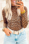 Chic Women's Brown Leopard Print Mock Neck Long Sleeve Mesh Top – Stylish Day or Night Out Essential