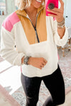 Cozy Women's Color Block White Fleece Half Zip Sweatshirt - Stylish Layering Essential for Casual Outings