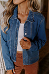 Women's Mineral Washed Denim Jacket in Ashleigh Blue with Scalloped Trim, Button-Up Closure, and Patched Pockets.