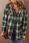 Women's Stylish Green Plaid Hooded Shacket with Chest Pocket - Perfect Casual Layer for Fall and Winter Fashion