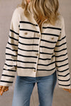 Stylish Women's Black Striped Cardigan Sweater with Flap Pockets and Button Closure for Effortless Layering