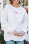 Women's Casual Chic White 3D Ribbed Sweatshirt with XOXO Heart Embroidery and Drop Shoulder Fit for Ultimate Comfort
