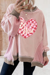 Cozy Women's Light Pink Color Block Heart Print Sweatshirt - Stylish Waffled Patchwork with Trendy Checkered Design
