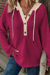 Cozy Women's Red Dahlia Waffle Knit Hooded Pullover with Half Button - Versatile Casual Top for All Seasons