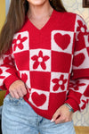 Cozy Chic Women's Fiery Red V-Neck Knit Sweater with Floral Heart Design and Relaxed Fit for Effortless Style