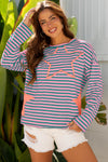 Women's Casual Green Stripe Knit Top with Starry Patch, Drop Shoulder Design, and Trendy Raw Edge Detail