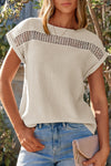 Beige Textured Cotton Blouse for Women with Crochet Inserts - Chic Short Sleeve Top for Casual Everyday Style