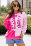 Trendy Women's Pink Color Block Sequined Cowgirl Sweatshirt - Casual Chic Style for Ultimate Comfort and Fashion