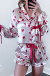 Women's Silky Pink Heart Print Pajama Set with Ruffled Long Sleeves and Contrast Ribbon Tie, Perfect for Cozy Nights