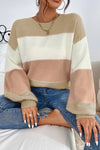 Cozy Dusty Pink Color Block Sweater for Women with Lantern Sleeves & Drop Shoulders - Chic Knitwear for Any Occasion